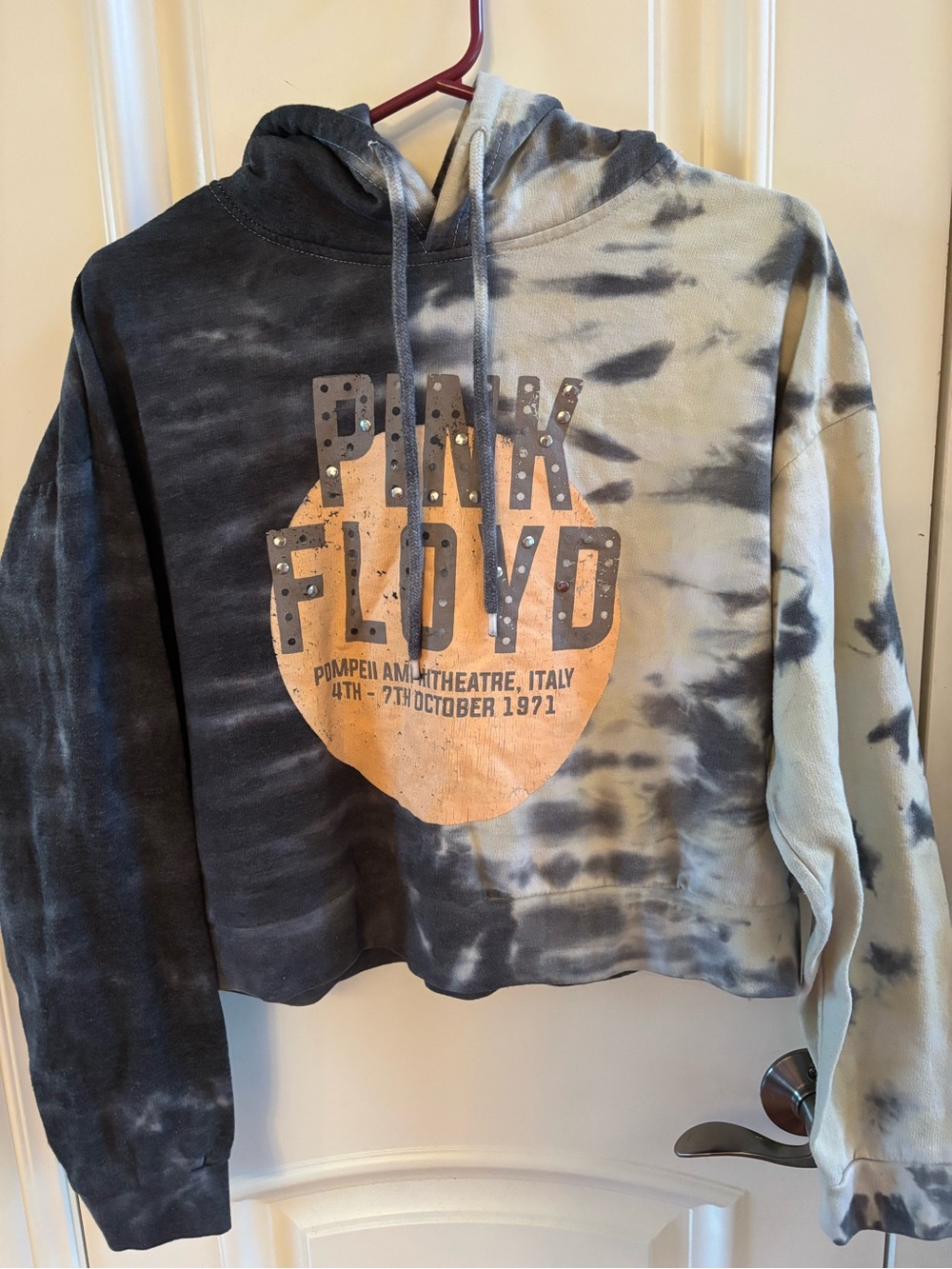 Vtg Pink Floyd Hoodie Womens Med Gray Tie Dye Cropped Pullover Live at Pompeii